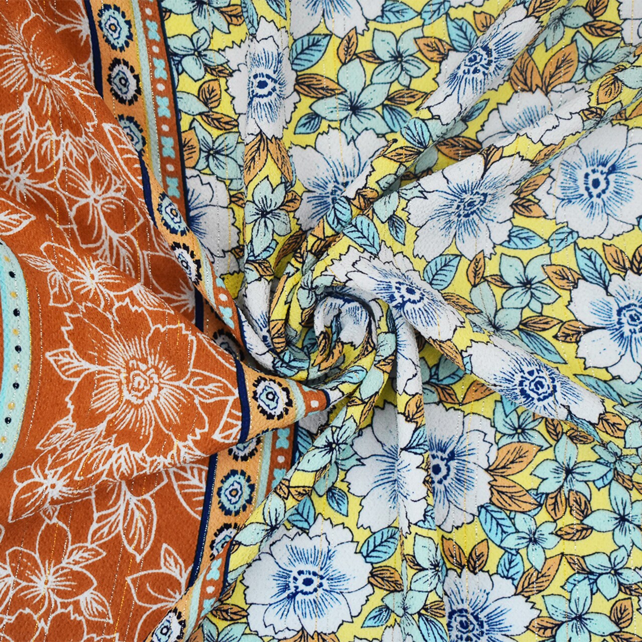 Yellow-Multi Floral Border Print Stretch Metallic Poly Ghost Crepe Fabric By the Yard